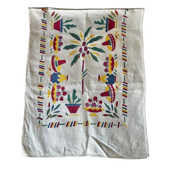 Mexican Table Runner 42X16.5 Nubby White Cotton w/ Red Green Yellow Blue VTG MCM - Picture 7 of 10